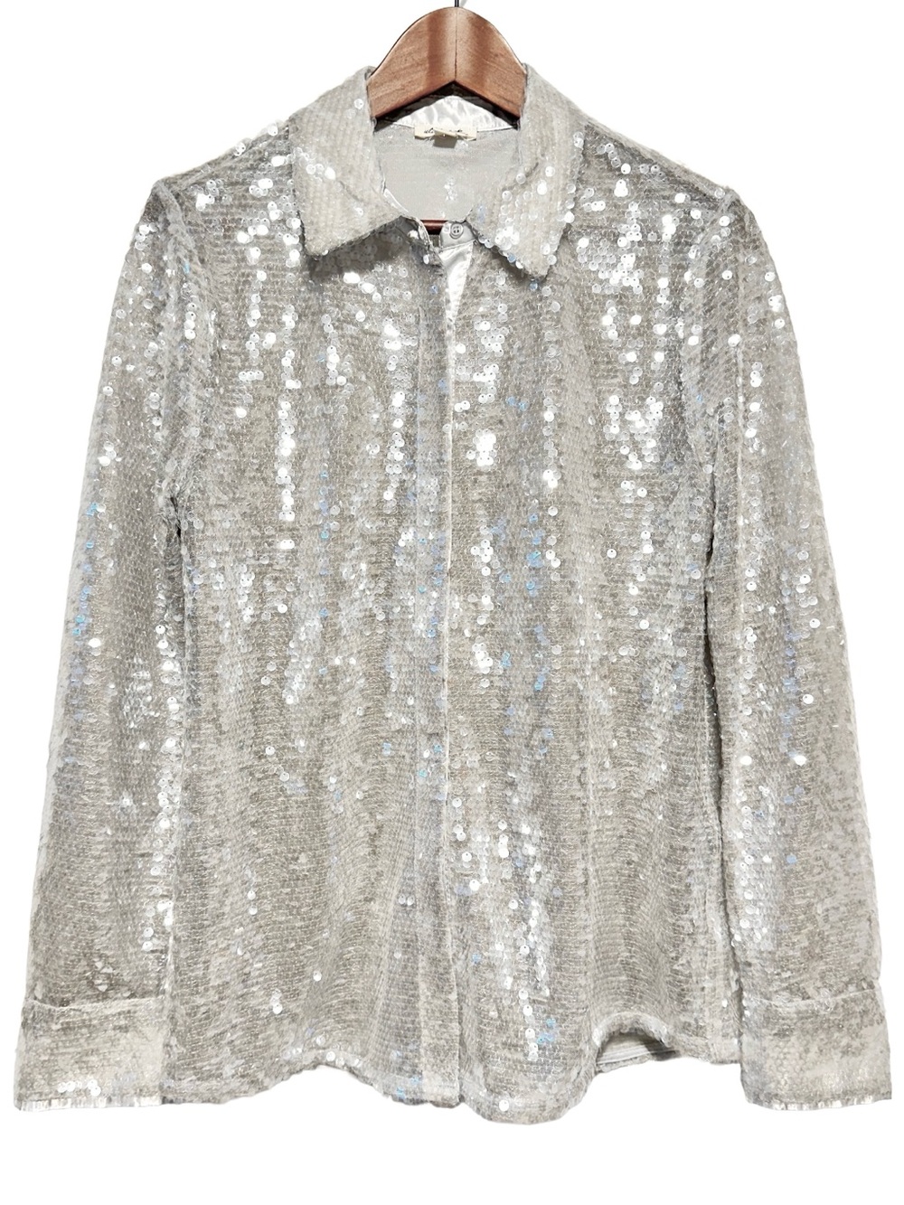Ultra Pink Silver Sequin Button Up Shirt Party Holiday Glam Size M